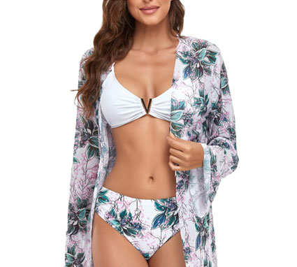 TUNUSKAT Women Bikini with Swimsuit Coverup Summer Long Sleeve Floral Beach Coverups Cardigan