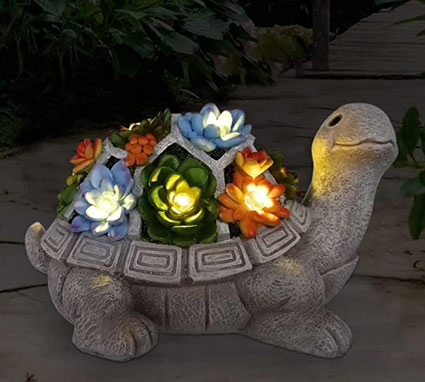 Solar Garden Statue Turtle Figurine with Succulent and 7 LED Lights